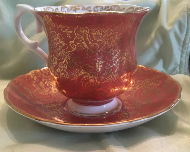 Gorgeous Crown Staffordshire H103 Footed Cup & Saucer Decorative Gold Lf Overlay