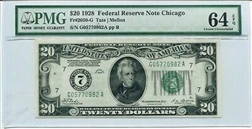 FR 2050-G 1928 $20 Federal Reserve Note PMG  64 EPQ Choice Uncirculated