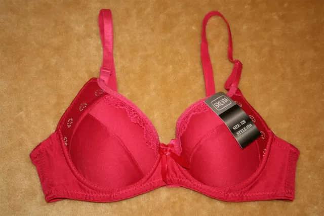 Hot Pink 32B Bra with lace on the cups, shiny bow in middle & jewel hearts
