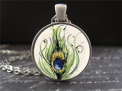 Peacock Necklace Blue Green Feather Pendant Vintage Naturalist Art Jewelry New 2