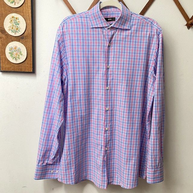 Hugo Boss Colorful Checkered Plaid Dress Shirt Cutaway Collar Sharp Fit Men 16 L