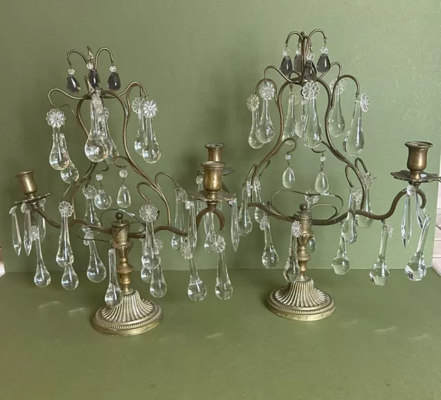 Hollywood Regency MCM Candle Stick Candelabras Crystals Brass Vintage Pair As Is