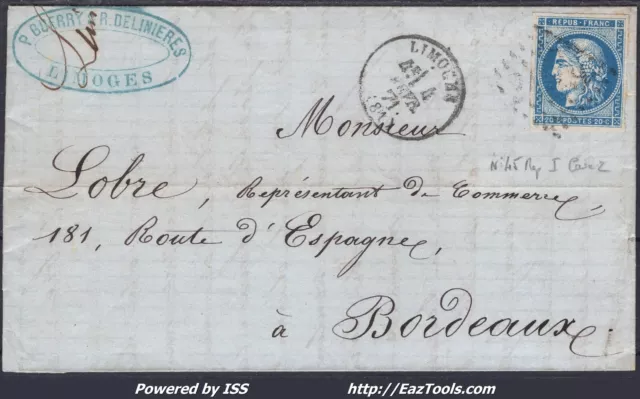 France N°45A Sur Lettre Avec Gc 2049 Limoges Haute Vienne + Cad Du 04/02/1871
