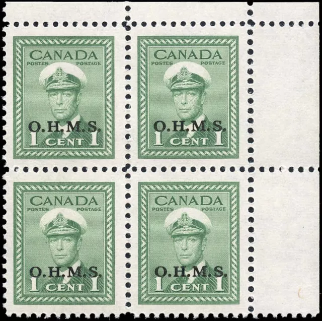 Canada Mint NH VF 1c Scott #O1 Block of 4 1949-50 KGVI OHMS Official War Stamps