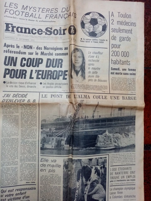journal France-Soir -Mercredi 27 Septembre 1972 - Sylvie Vartan - Sammy Davis Jr