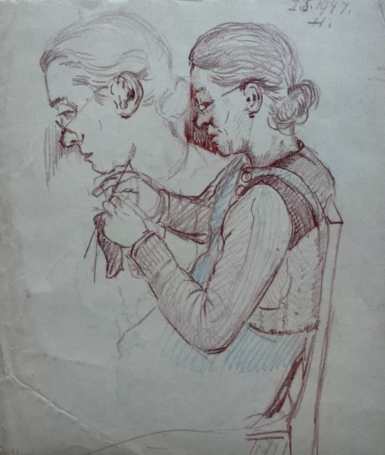 Dibujo #60 Retrato Mujer en El Tejer Artesanía Alfred Haag Esbozo
