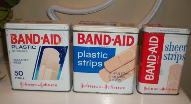 3 - Band-Aid Sheer and Plastic Strips bandages, metal tin empty boxes, vintage