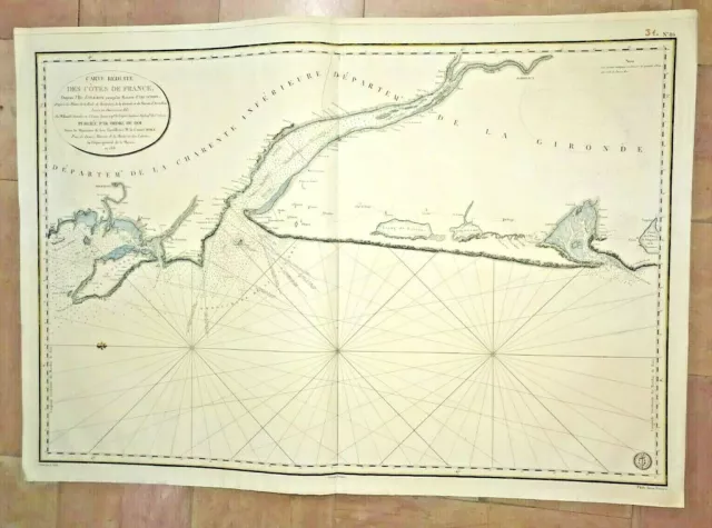 Arcachon Oleron France 1818 Very Large Antique Sea Chart 19Th Century