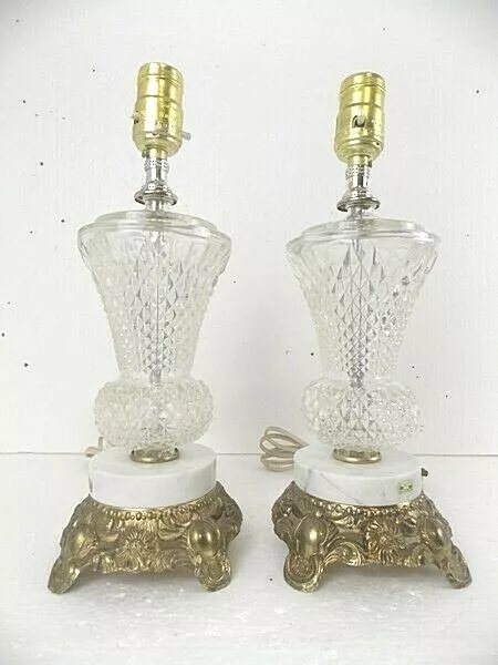 L&L WMC Molded Glass/Marble/Brass Pair Boudoir Lamps Marble Base Made Italy EUC