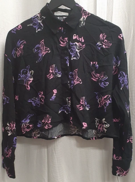 CAMICIA DONNA DONNA nera Bershka tagliata stampa rosa e viola