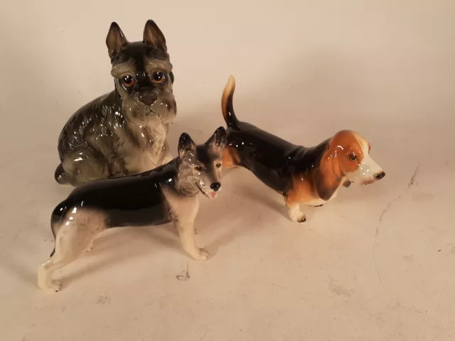 Vintage Ceramic Dogs, Estate Lot of Three, Schnauzer, Bassett, Shepard