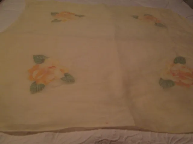 Yellow Linen Cottagecore Tea Tablecloth Organdy Applique Floral Between 2 Layers