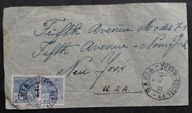 1941 Brazil Cover ties 2 400R Stamps cd Bahia to New York