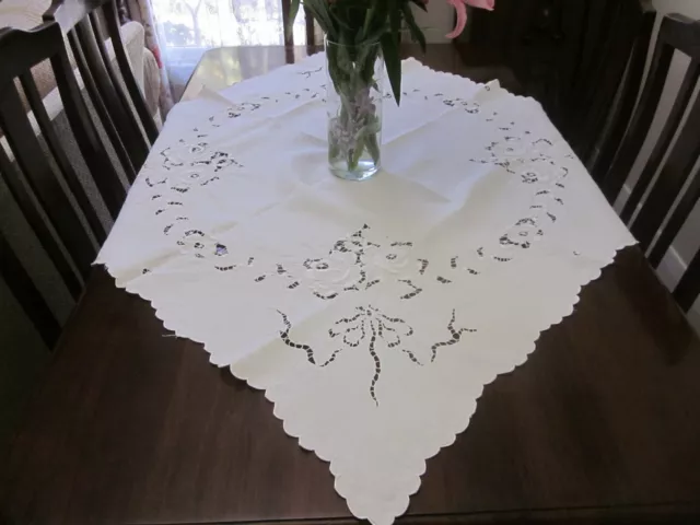 Gorgeous Antique White Linen Tablecloth With Whitework & Cutwork Embroidery