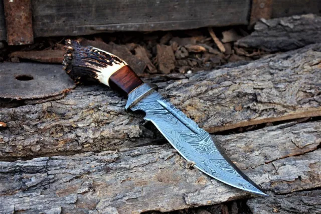 Custom Handmade Damascus Steel Blade Stag Antler Bowie Knife| Hunting Knife Camp