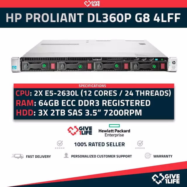 Servidor Rack HP DL360P G8 4LFF 2x E5-2630L + 64GB RAM+ P420 + 3X2TB 763480-B21