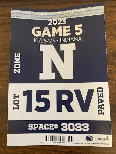 Penn State vs. Indiana football RV parking pass only 10/28/23