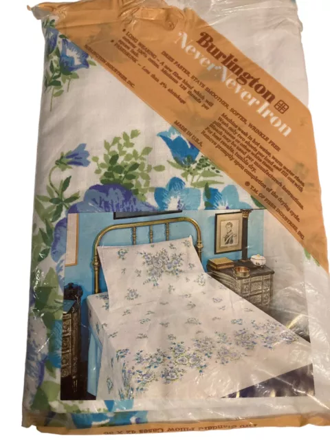 2 Vintage Burlington Never Never Iron Pillowcases Blue Floral Flowers 42x36 USA