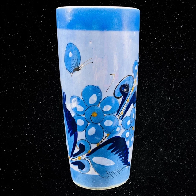 Mexican Folk Art Pottery Blue Bird Tonala Bud Vase Hand Painted 6.5”T 3”W