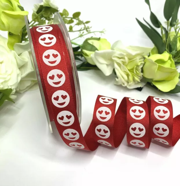 20mm Emoji Ribbon Red Grosgrain 3/4" White Smiley Face Love Heart Eyes  Wedding