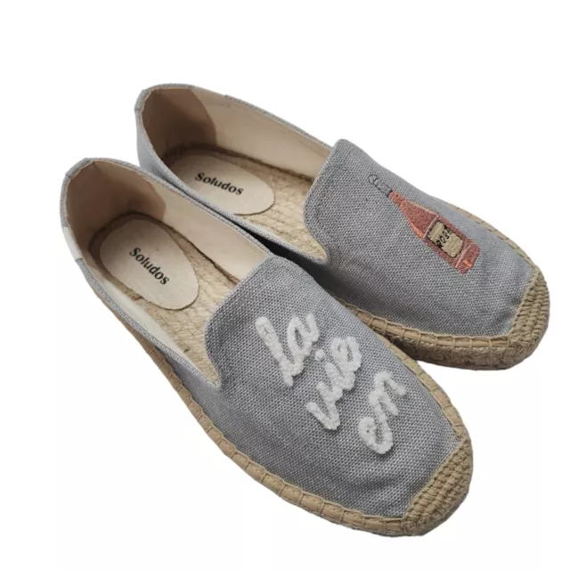 Soludos Womens La Vie En Rose Embroidered Smoking Slippers Chambray Espadrilles