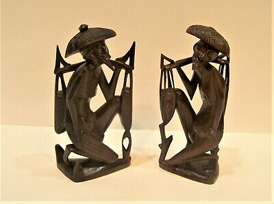 Pair of 2 Vintage Chinese Wooden Carved Old Men Bearing Water Detailed 7" Decor