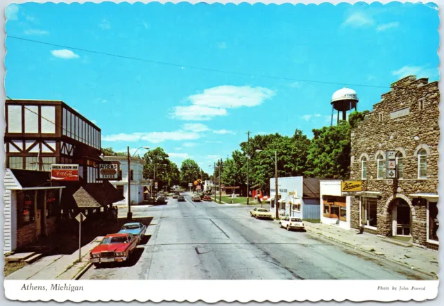 Vintage Continental Size Postcard Street Scene In Athens Michigan Coke Sign 1975