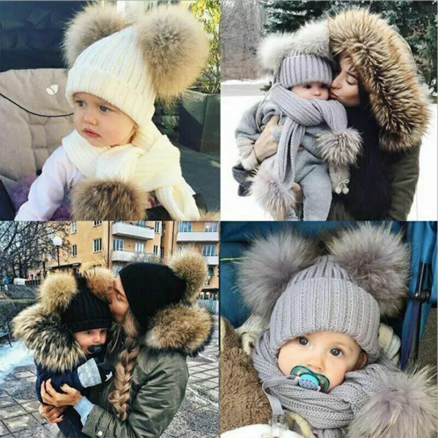 Newborn Kids Baby Boy Girl Double Fur Pom Hat Winter Warm Knit Bobble Beanie 2