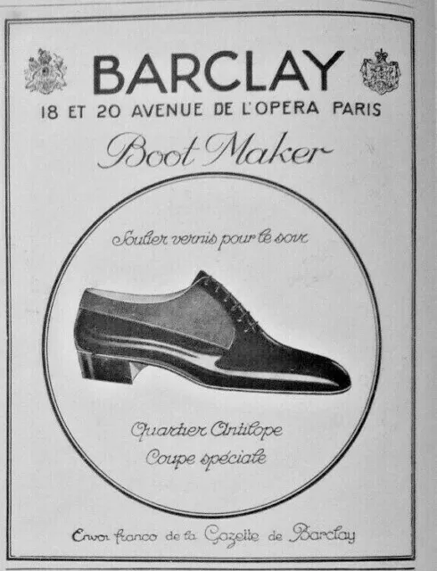 Publicité De Presse 1926 Barclay Boot Maker Soulier Vernis Quartier Antilope