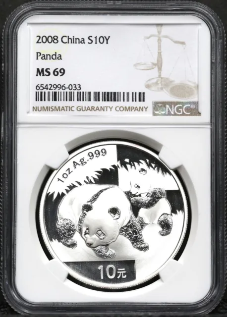 2008 Ngc Ms-69 Ten 10 Yuan One Oz Silver Panda China #2943