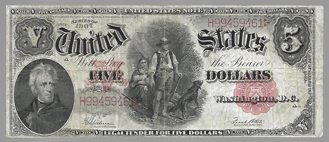 Fr # 91 $5 1907 Legal Tender 'PCBLIC' ERROR VERY FINE + # 265