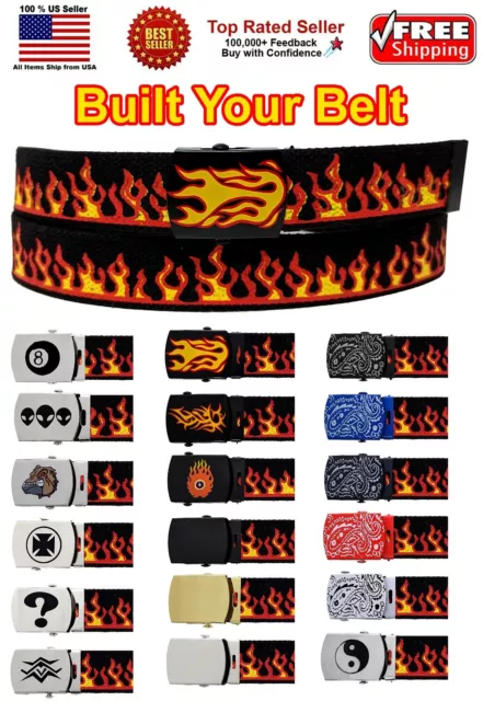 Flame Adjustable Canvas Military Web Belt Metal Buckle 36" 44" 56" 64" 72"