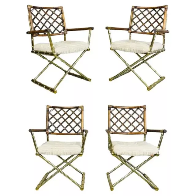 4 Vintage Cleo Baldon Style Daystrom Brass Faux Bamboo Lattice Rattan Armchairs