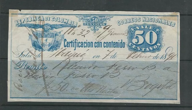 Colombia 1890 Versichert Brief Briefmarke 'Certificacion Con Contenido 'Minor