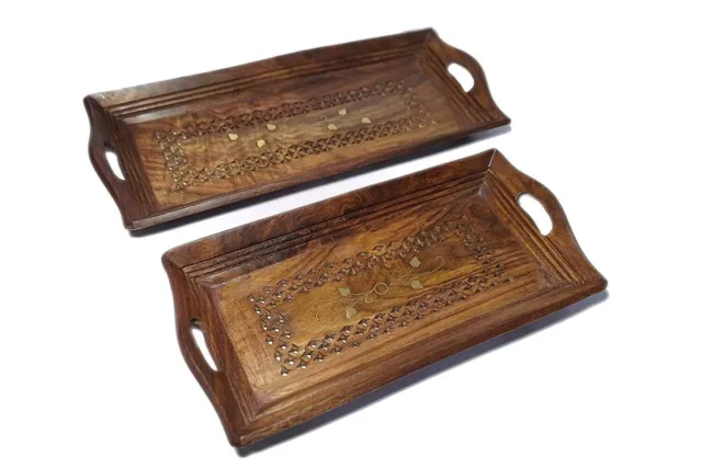 Hand Carved Wooden Serving Tray Set of 2Tea  For Diwali Coffee Snacks Water