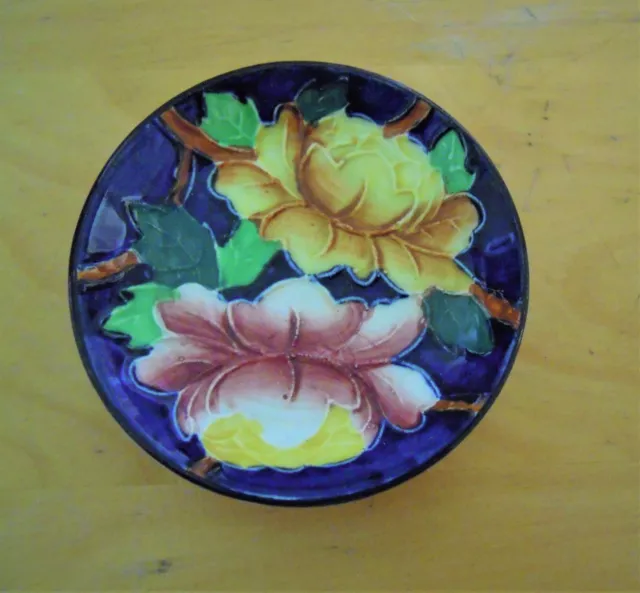 Art Deco MALING England Blue LUSTRE WARE Floral Peony Small PIN DISH BOWL Vtg