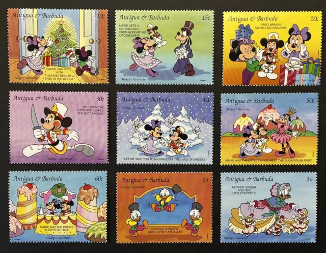 Antigua Mickeys Nutcracker Disney Christmas Stamps Set 9V 1993 Mnh Minnie Goofyd