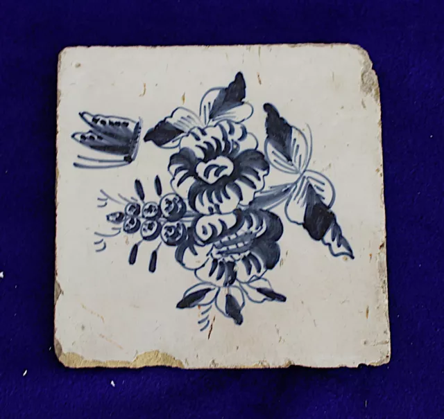 1700s Antique Dutch Delft Blue/White Floral Faience Tile #13