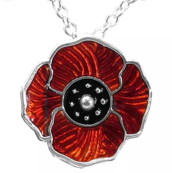 Sterling Silver Large Enamelled Poppy Pendant & Chain