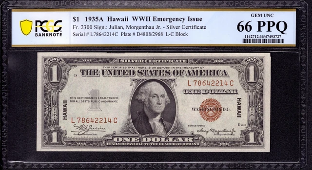 1935 A $1 Silver Certificate Hawaii Note Lc Block Fr.2300 Pcgs B Gem 66 Ppq