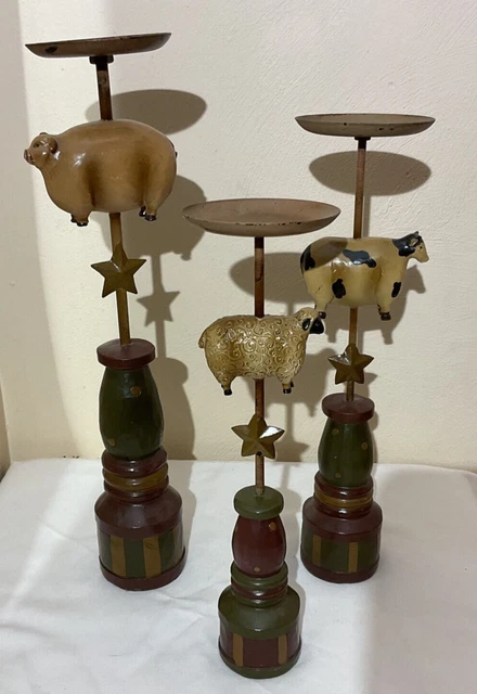 KIRKLANDS CANDLE STICKS HOLDERS Farmhouse Set of 3 Cow Pig Sheep