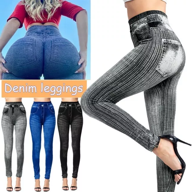 Damen Stretch Hose Jeans-Look Skinny Röhre Leggins Treggings Jeggings Leggings