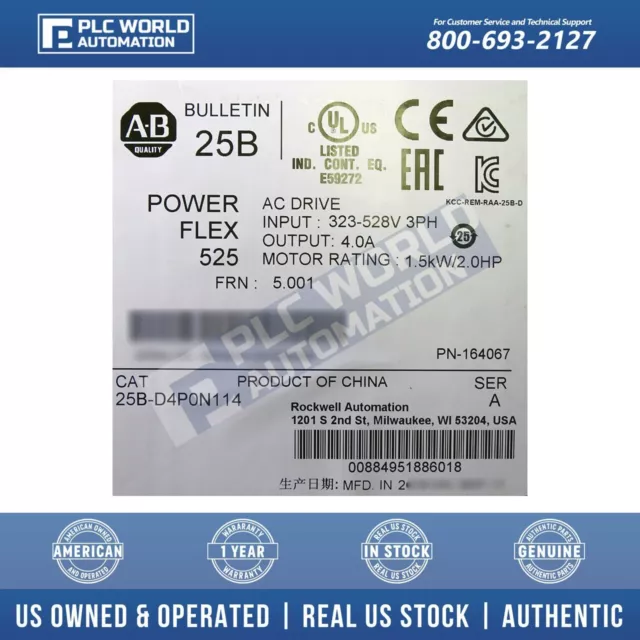 Allen Bradley 25B-D4P0N114 Ser A PowerFlex 525 AC Drive 1.5kW 2Hp, New Sealed 3