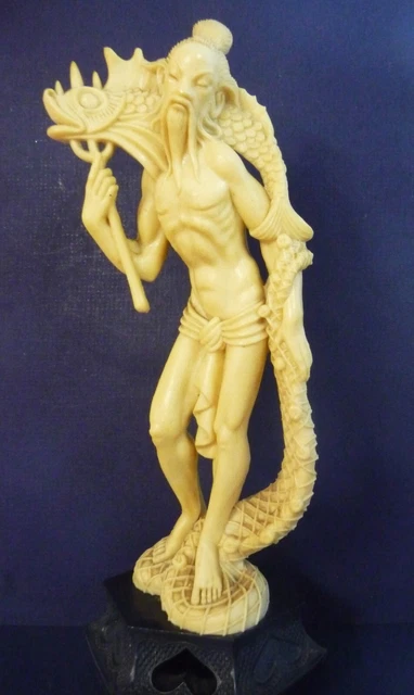 Vintage Oriental Fisherman Man Fish Net Figurine Japanese Chinese Statue