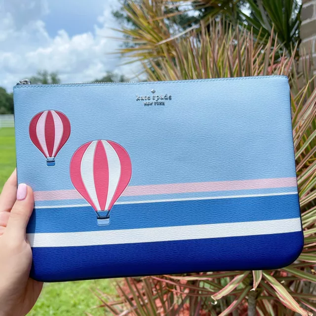 Kate Spade Up up And Away Hot Air Balloon Large Zip Pouch Blue Multi Leather