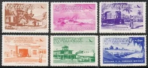 Liberia C71-C76,MNH. Mi 444-449. Air Post 1953. Road building, Ships, Locomotive