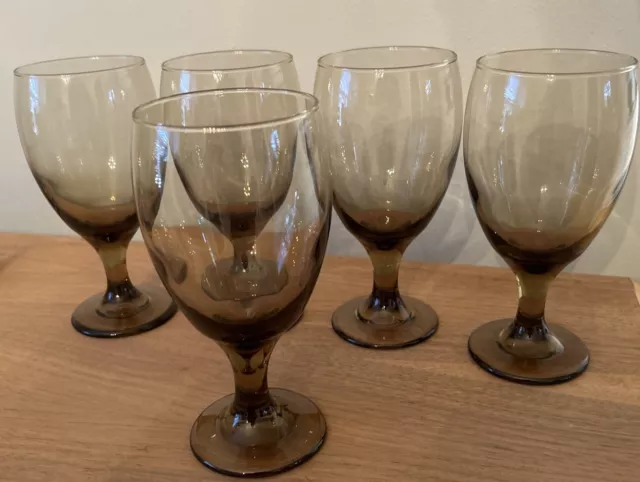 Vintage Libbey Amber/Smokey Set Of 5 Goblets 7" Tall