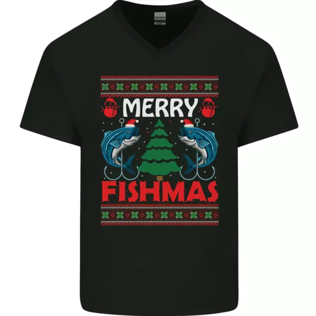 Maglietta da uomo Merry Fishmas Funny Christmas pesca collo a V cotone