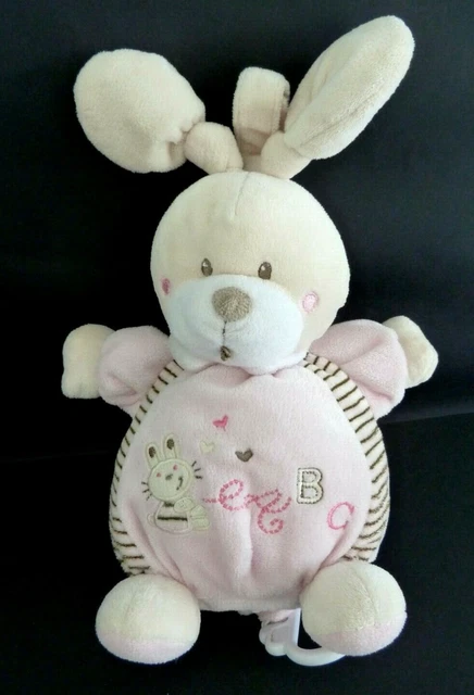 066. DOUDOU BOULE MUSICAL NICOTOY LAPIN  ROSE ABC 20cm + OREILLE NOUEE - TTBE