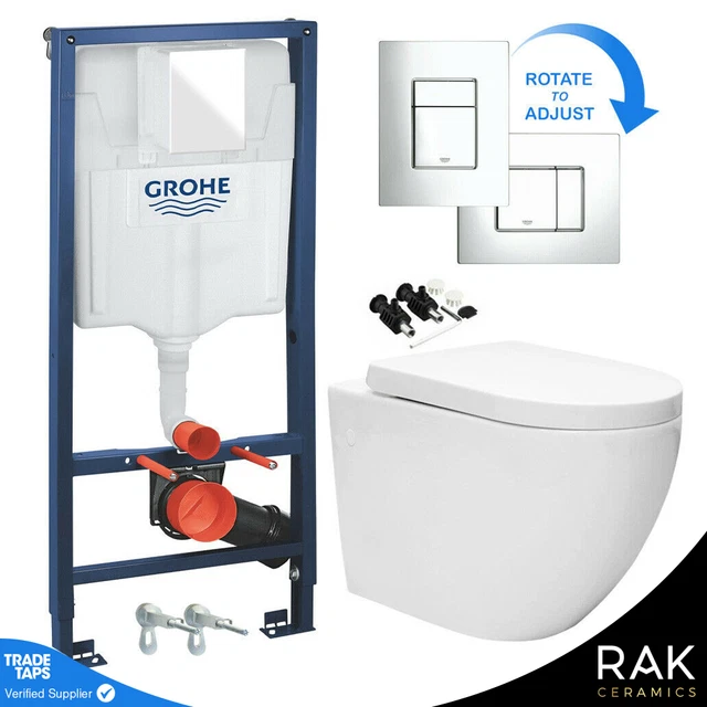 RAK RESORT RIMLESS Wall Hung Toilet Pan, GROHE 1.13m Concealed WC